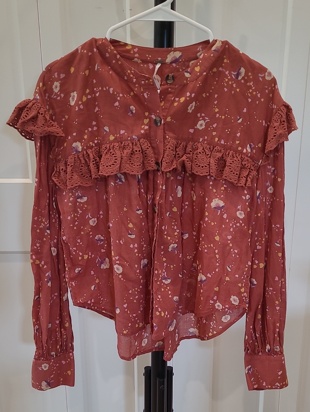 Free People Rust Floral Ruffle Button-Front Blouse